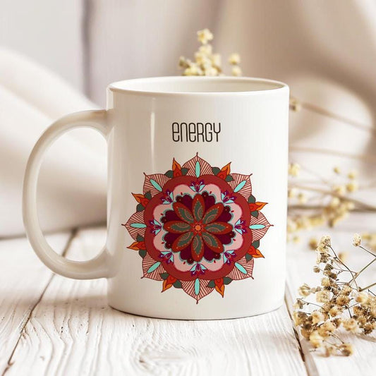 Oriental Mug, Energy Mandala Tea Cup, Gift for Yoga Enthusiast, Ceramic Mug 11 Oz, Oriental Arts Lover Mug, Mandala Mug, Coffee Lover Gift