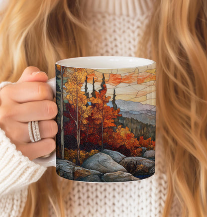 Fall landscape 11 oz ceramic coffee mug with stained glass effect design