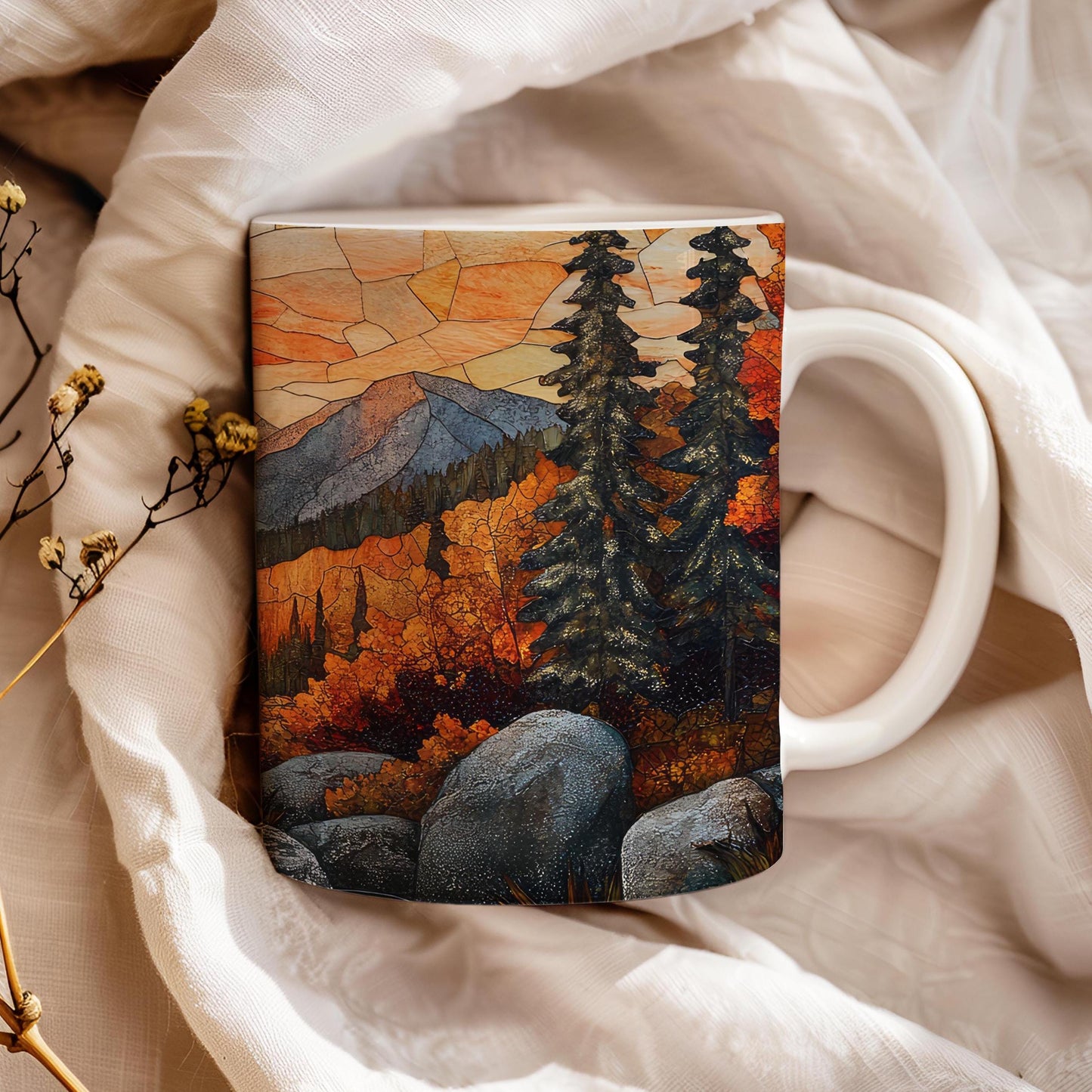 Fall landscape 11 oz ceramic coffee mug with stained glass effect design