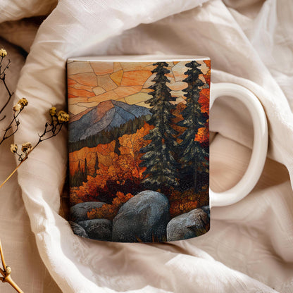 Fall landscape 11 oz ceramic coffee mug with stained glass effect design