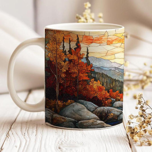Fall landscape 11 oz ceramic coffee mug with stained glass effect design