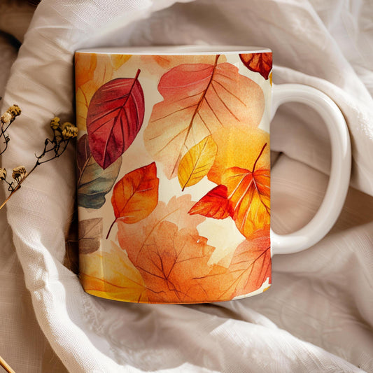Fall Leaves Mug, 11 Oz Ceramic Cup, Tea Coffee Lover's Gift, Gift for Nature Lover, Red Leaf Mug, Gfit for Mom, Appreciation Teachers Gift