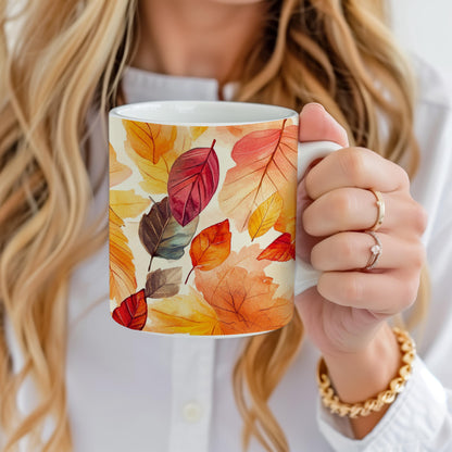 Fall Leaves Mug, 11 Oz Ceramic Cup, Tea Coffee Lover's Gift, Gift for Nature Lover, Red Leaf Mug, Gfit for Mom, Appreciation Teachers Gift