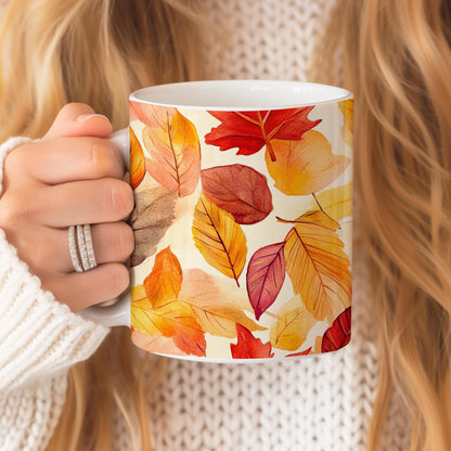 Fall Leaves Mug, 11 Oz Ceramic Cup, Tea Coffee Lover's Gift, Gift for Nature Lover, Red Leaf Mug, Gfit for Mom, Appreciation Teachers Gift