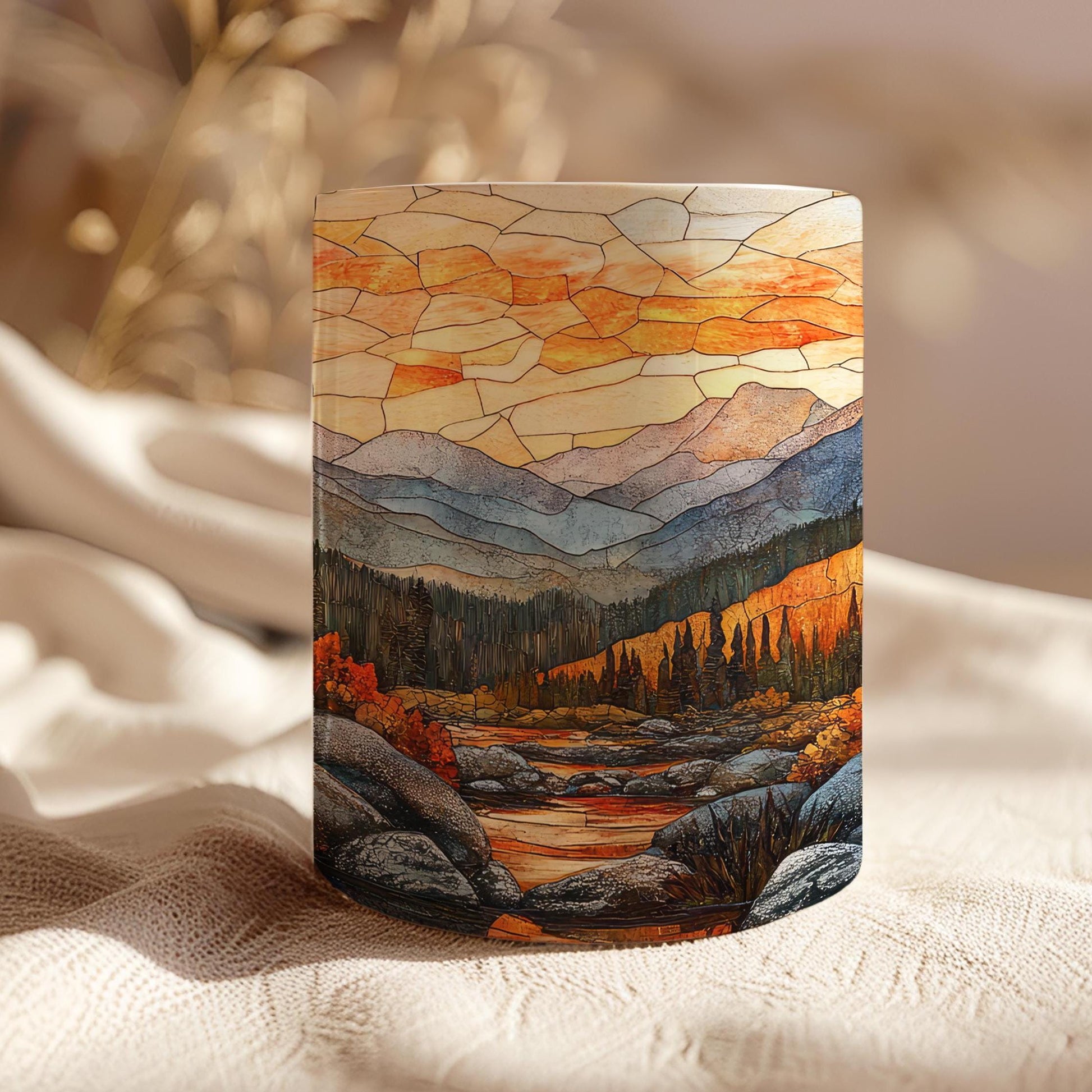 Fall landscape 11 oz ceramic coffee mug with stained glass effect design