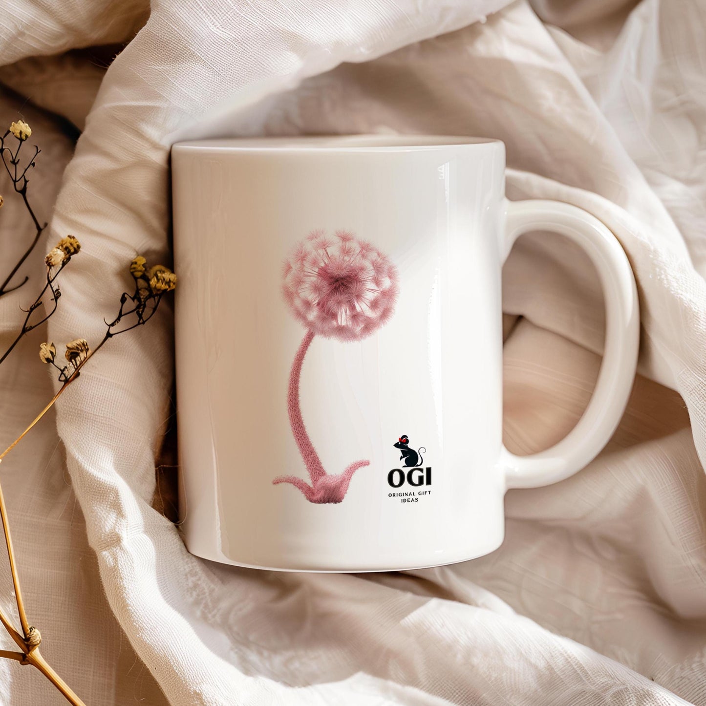 Felt snail 11 oz ceramic coffee mug with wool felt snail and dandelion woodland design