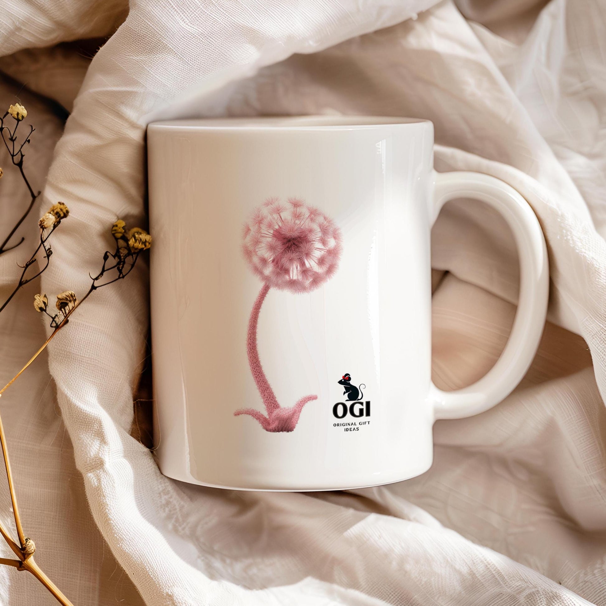 Felt snail 11 oz ceramic coffee mug with wool felt snail and dandelion woodland design