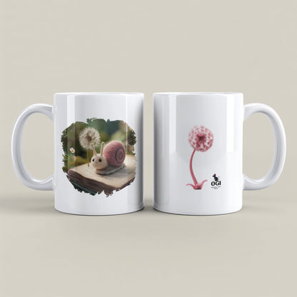 Felt snail 11 oz ceramic coffee mug with wool felt snail and dandelion woodland design