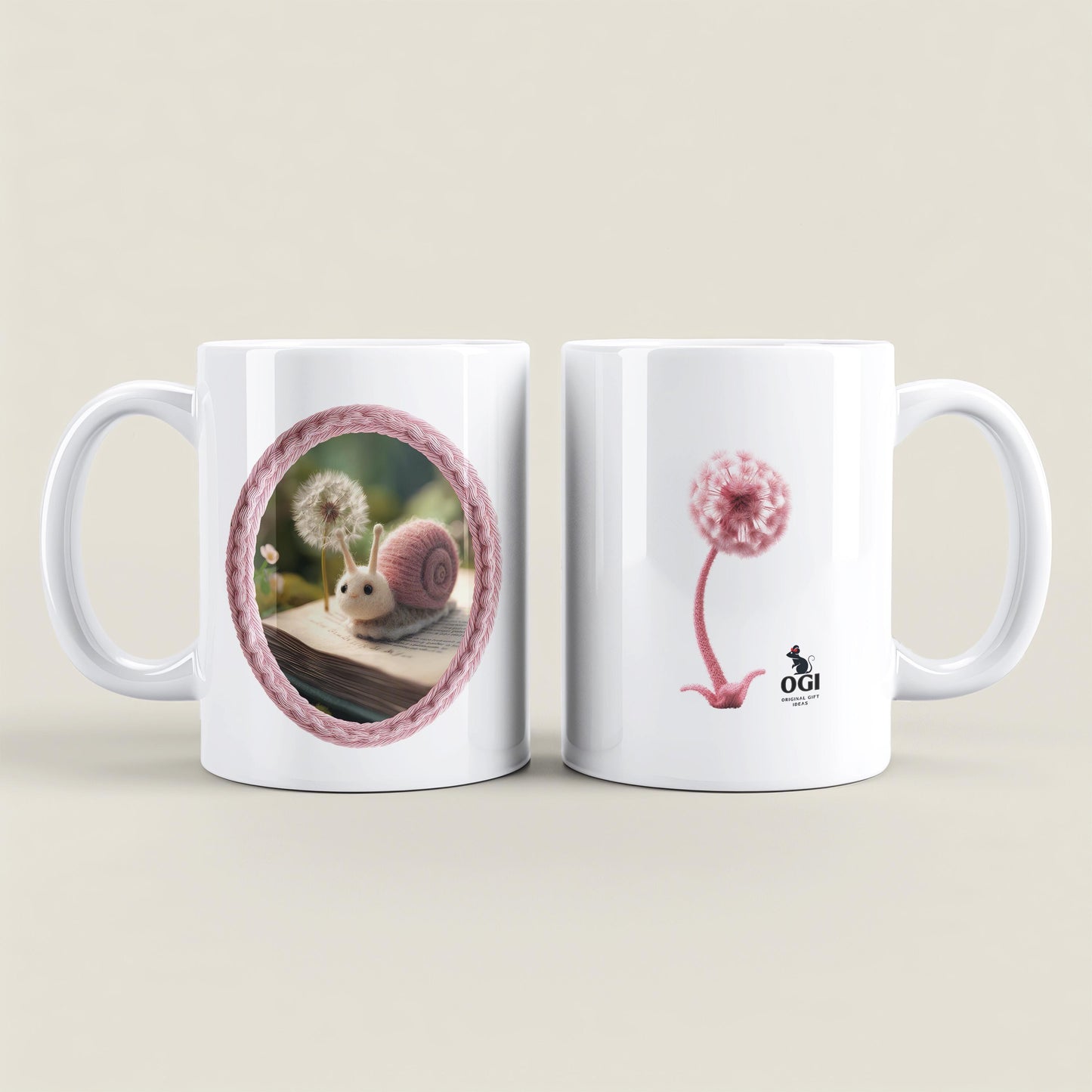 Felt snail 11 oz ceramic coffee mug with soft pink nature inspired design