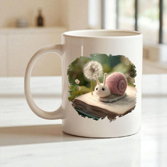 Felt snail 11 oz ceramic coffee mug with wool felt snail and dandelion woodland design