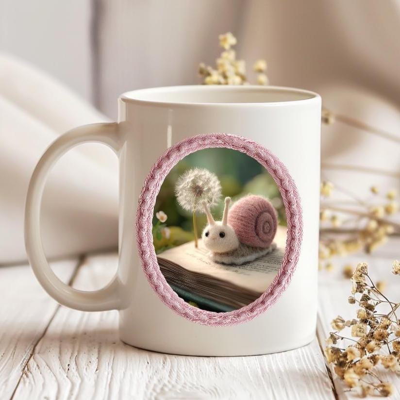 Felt snail 11 oz ceramic coffee mug with soft pink nature inspired design