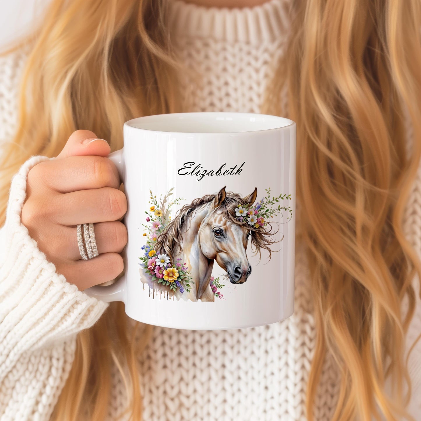 Custom horse 11 oz ceramic coffee mug with personalized horse portrait design
