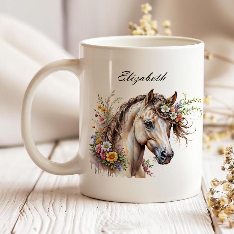 Custom horse 11 oz ceramic coffee mug with personalized horse portrait design