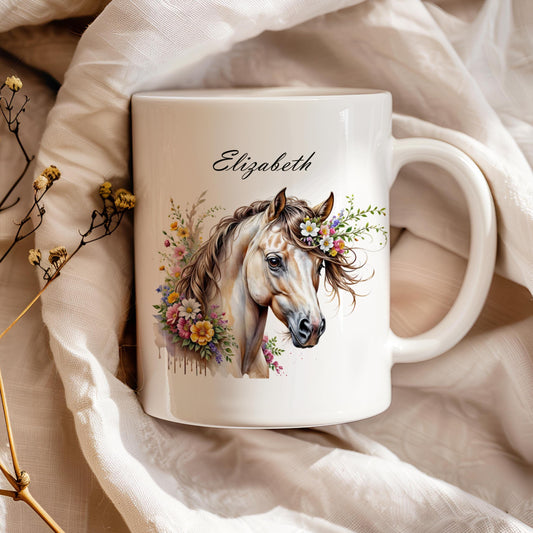 Custom horse 11 oz ceramic coffee mug with personalized horse portrait design