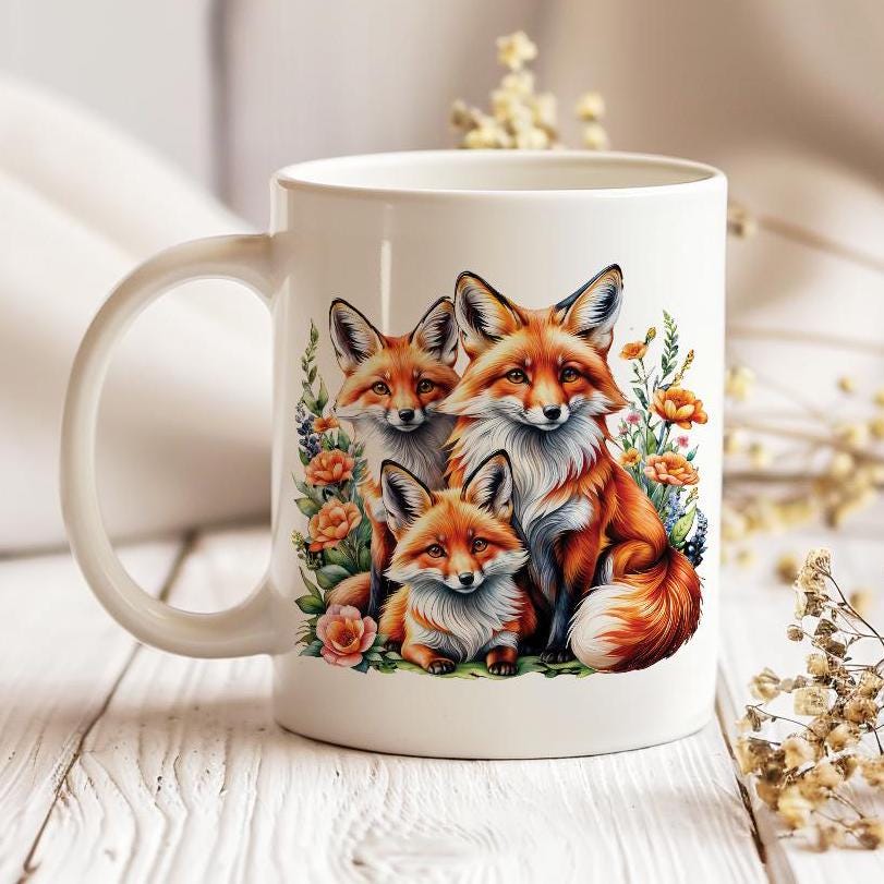 Foxes Mug, Forest Animals Tea Cup, 11 Oz Ceramic Mug for Animals Lover, Wild Nature Inspired Mug, Perfect Gift for Foxes Lover, Fall Mug