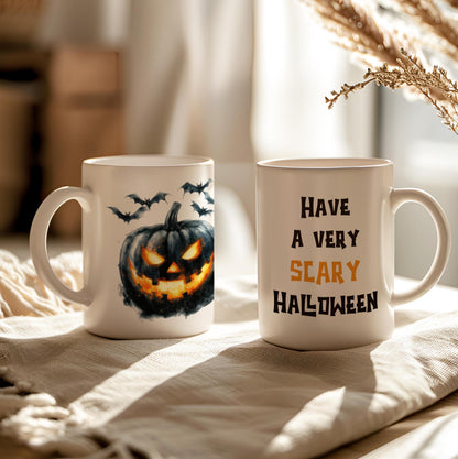 Scary Pumpkin Mug, Halloween Ceramic Tea Cup With Wishes, Angry Halloween Mug, Autumn Coffee Mug, Fall Holiday Gift, Spooky Season Mug