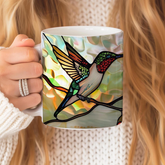 Hummingbird Mug, Stained Glass Effect Tea Cup, Birds Watcher Lover Gift, Decorative Ceramic Mug 11 Oz, Hummingbird Mug Gift, Mug Idea Gift