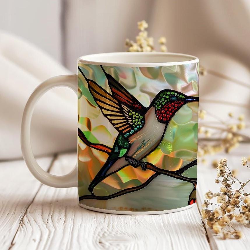 Hummingbird Mug, Stained Glass Effect Tea Cup, Birds Watcher Lover Gift, Decorative Ceramic Mug 11 Oz, Hummingbird Mug Gift, Mug Idea Gift