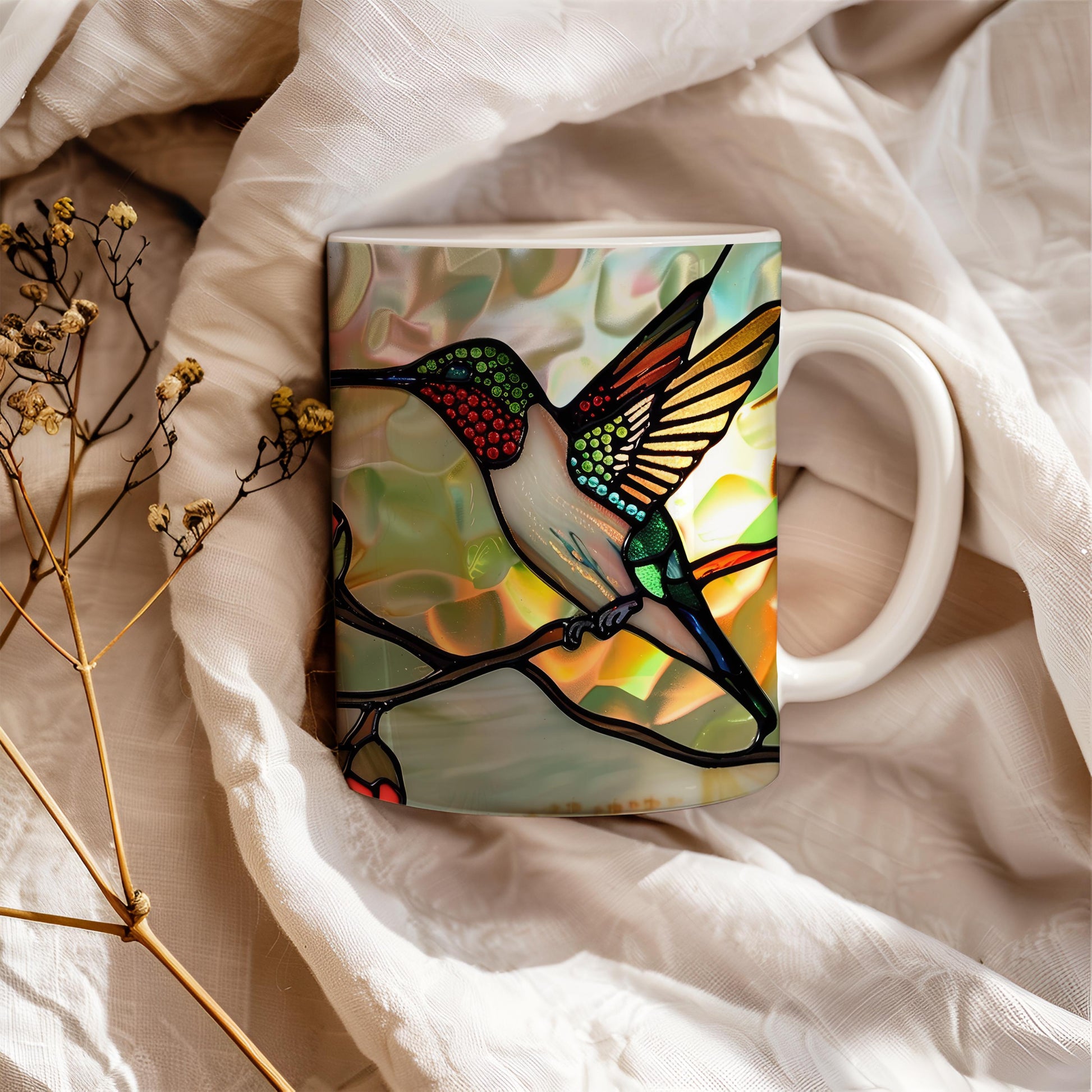 Hummingbird Mug, Stained Glass Effect Tea Cup, Birds Watcher Lover Gift, Decorative Ceramic Mug 11 Oz, Hummingbird Mug Gift, Mug Idea Gift