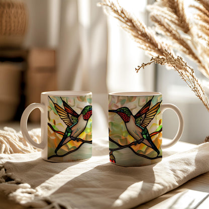 Hummingbird Mug, Stained Glass Effect Tea Cup, Birds Watcher Lover Gift, Decorative Ceramic Mug 11 Oz, Hummingbird Mug Gift, Mug Idea Gift