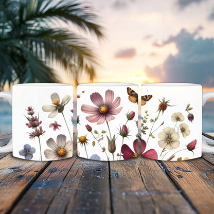 Wildflowers Ceramic Mug, 11 Oz Coffee Mug, Vintage Boho Flowers Tea Cup, Meadow Flowers Nature Mug, Floral Birthday Gift, Flowers Lover Gift