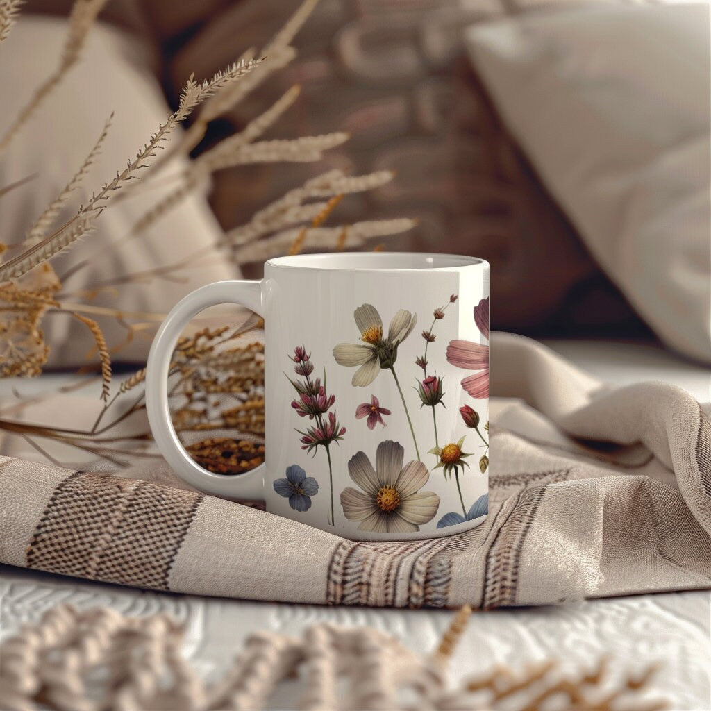 Wildflowers Ceramic Mug, 11 Oz Coffee Mug, Vintage Boho Flowers Tea Cup, Meadow Flowers Nature Mug, Floral Birthday Gift, Flowers Lover Gift