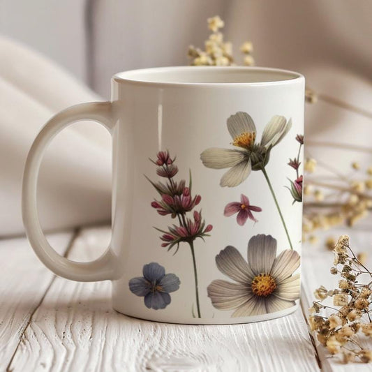 Wildflowers Ceramic Mug, 11 Oz Coffee Mug, Vintage Boho Flowers Tea Cup, Meadow Flowers Nature Mug, Floral Birthday Gift, Flowers Lover Gift