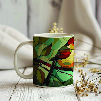Birds Stained Glass Mug, Perfect Gift for Bird Enthusiast, Nature Lover, Ceramic 11 Oz Birds Coffee Mug, Tea Cup With Bird Image