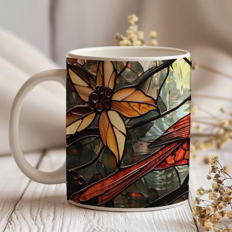 Cardinal Stained Glass Mug, Birds Lover Tea Cup, Nature Lover Gift, Decorative Ceramic Mug 11 Oz, Red Cardinal Tea Cup, Mug Idea Gift