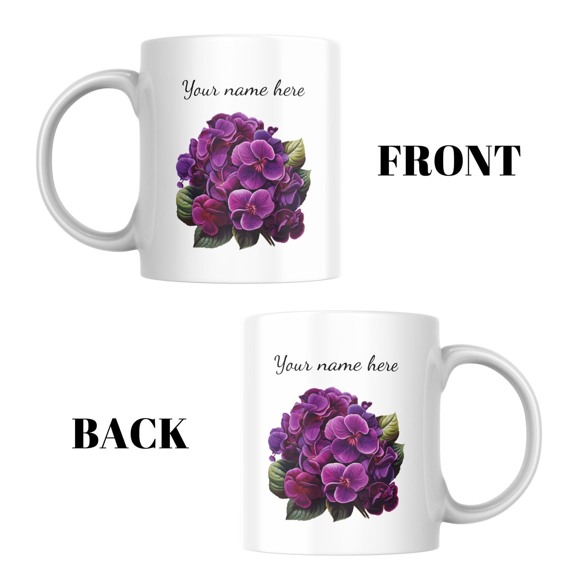 Personalized Mug with Custom Name and African Violets Flowers, Coffee Mug Gift, Ceramic 11 Oz Mug, Flower Lover Lover Gift, Birthday Gift
