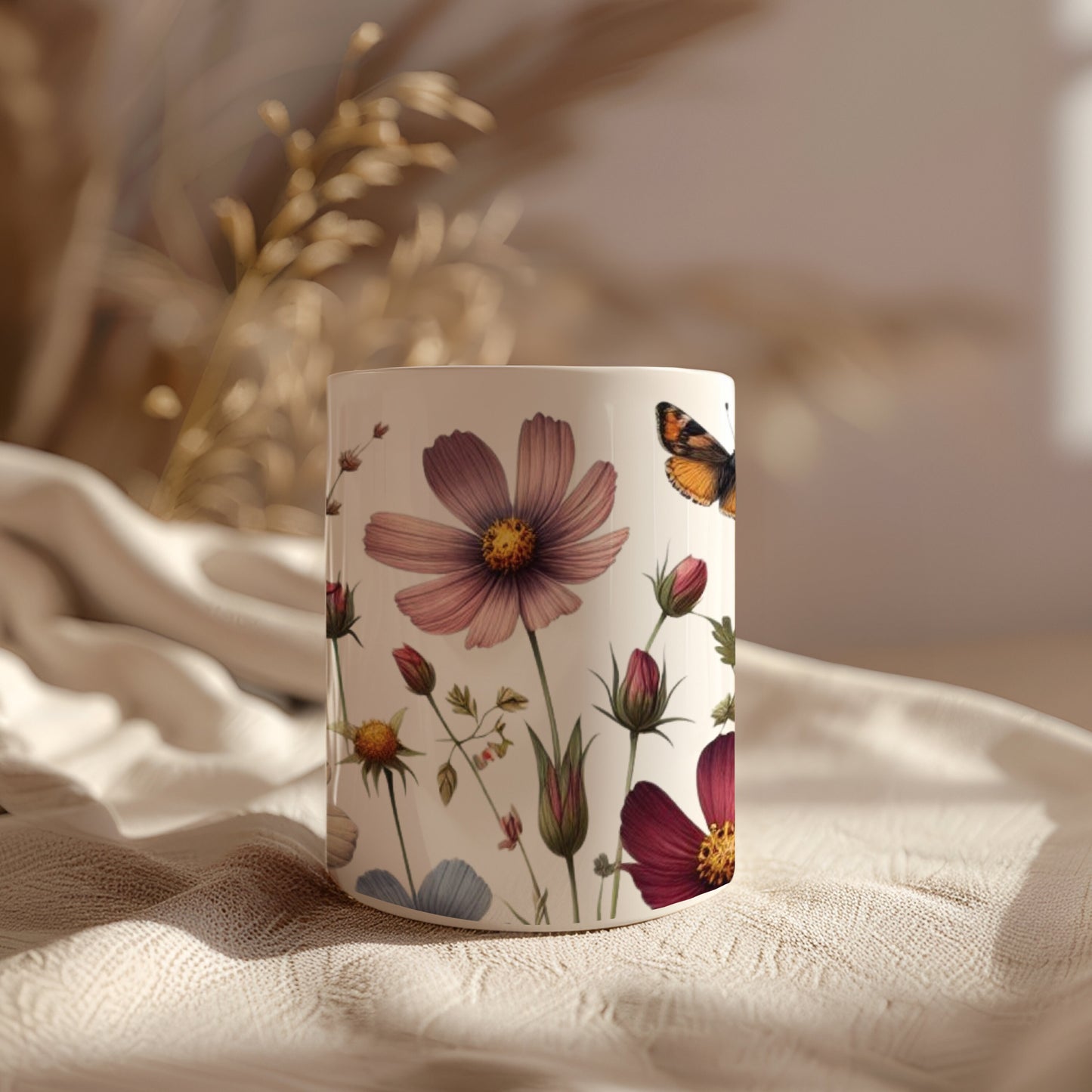 Wildflowers Ceramic Mug, 11 Oz Coffee Mug, Vintage Boho Flowers Tea Cup, Meadow Flowers Nature Mug, Floral Birthday Gift, Flowers Lover Gift