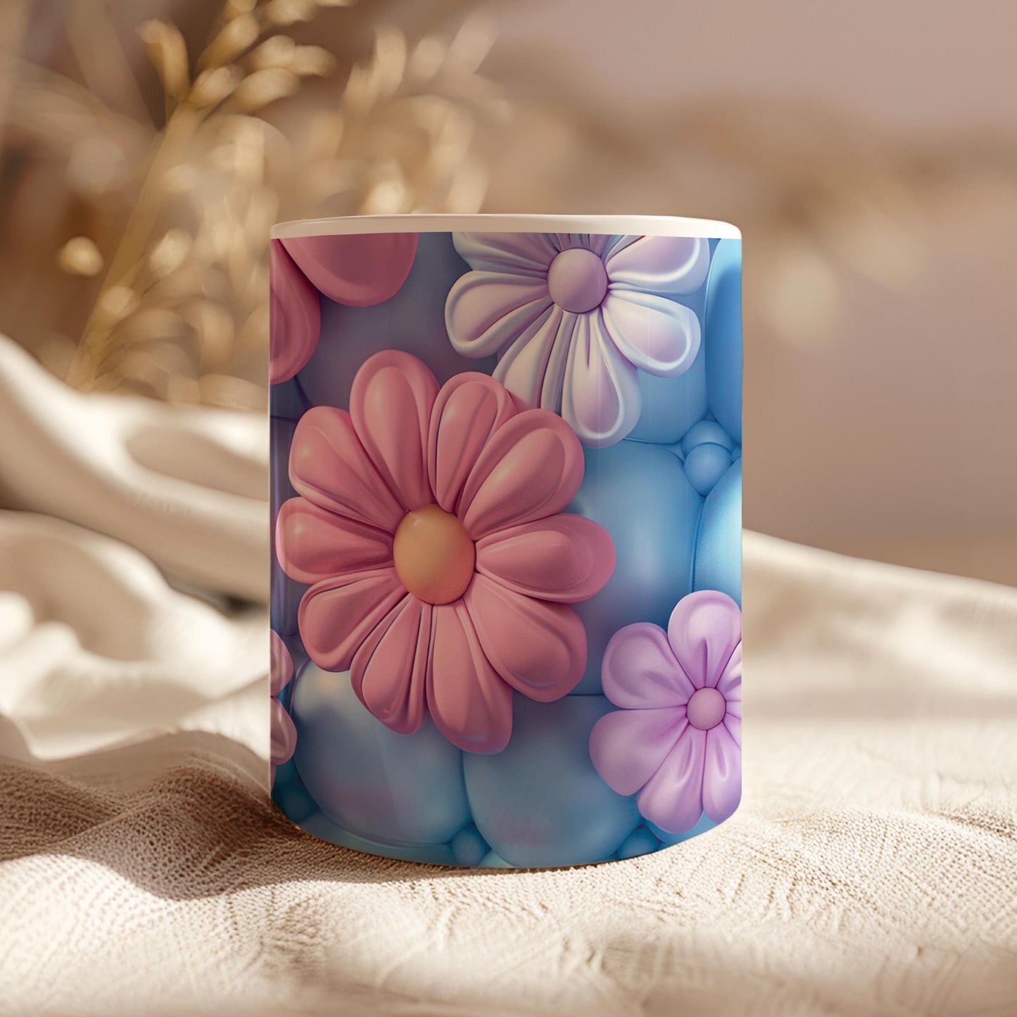 3D Inflated Effect Mug, Puffy Flowers Mugs, 11 Oz Ceramic Tea Cup, Coffee Tee Lovers Gift, Birthday Gift, Teacher's Gift, Purple Pink Mug
