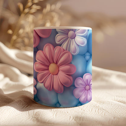 3D Inflated Effect Mug, Puffy Flowers Mugs, 11 Oz Ceramic Tea Cup, Coffee Tee Lovers Gift, Birthday Gift, Teacher's Gift, Purple Pink Mug