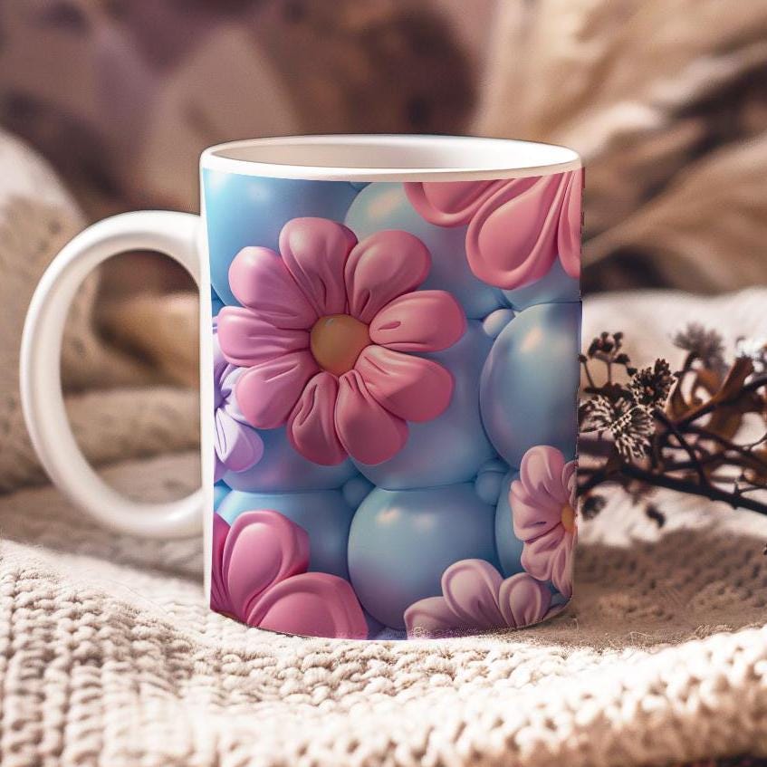 3D Inflated Effect Mug, Puffy Flowers Mugs, 11 Oz Ceramic Tea Cup, Coffee Tee Lovers Gift, Birthday Gift, Teacher's Gift, Purple Pink Mug