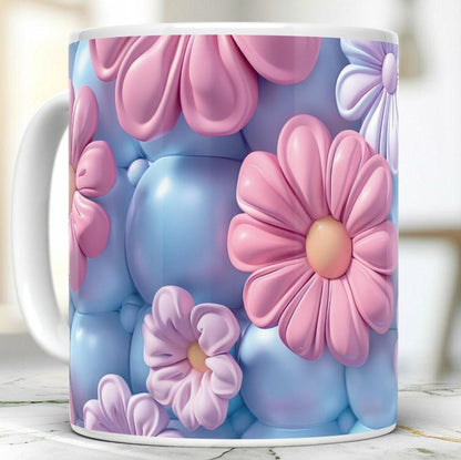 3D Inflated Effect Mug, Puffy Flowers Mugs, 11 Oz Ceramic Tea Cup, Coffee Tee Lovers Gift, Birthday Gift, Teacher's Gift, Purple Pink Mug