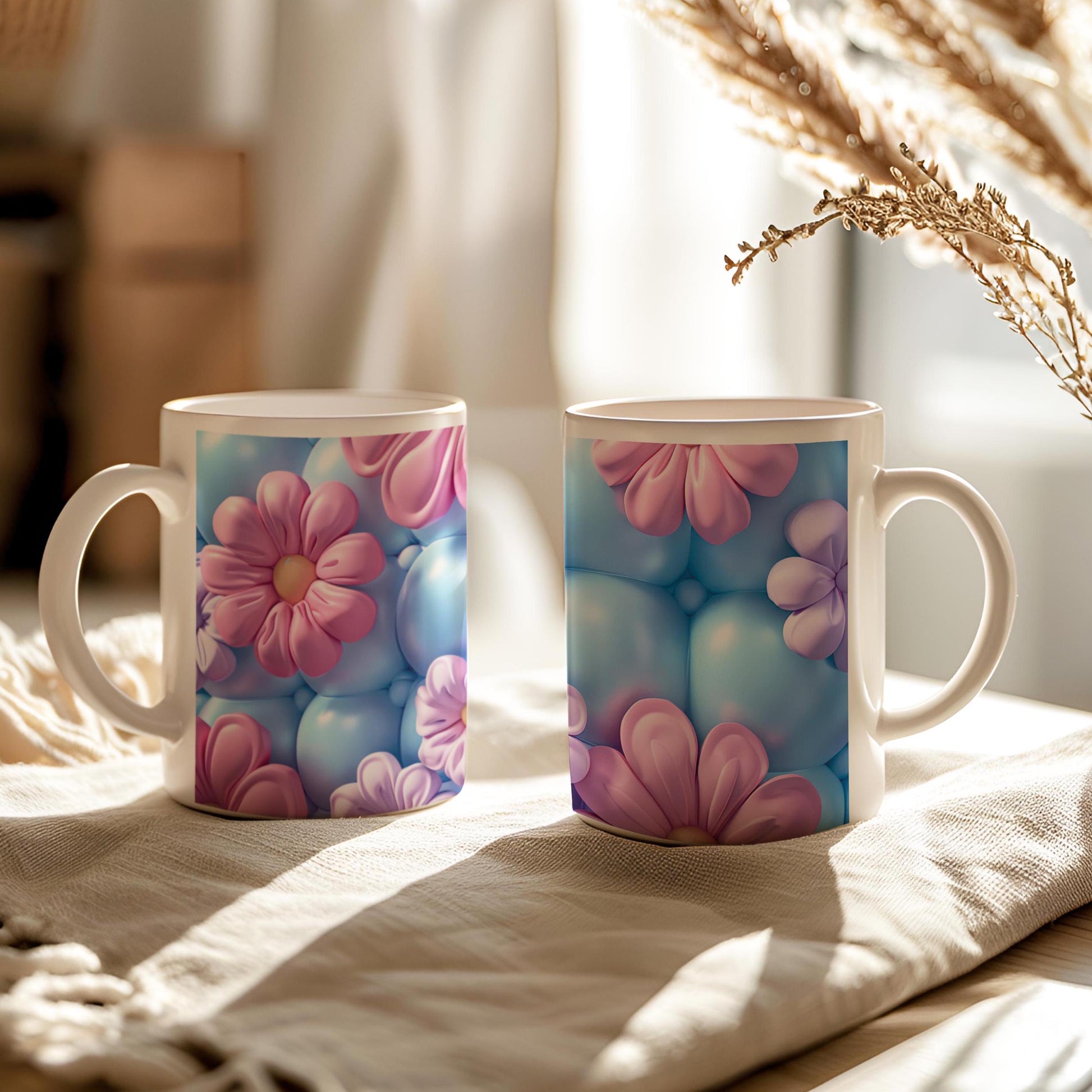 3D Inflated Effect Mug, Puffy Flowers Mugs, 11 Oz Ceramic Tea Cup, Coffee Tee Lovers Gift, Birthday Gift, Teacher's Gift, Purple Pink Mug