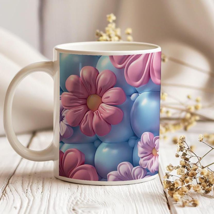 3D Inflated Effect Mug, Puffy Flowers Mugs, 11 Oz Ceramic Tea Cup, Coffee Tee Lovers Gift, Birthday Gift, Teacher's Gift, Purple Pink Mug