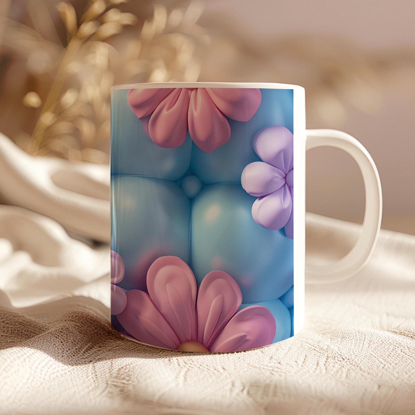 3D Inflated Effect Mug, Puffy Flowers Mugs, 11 Oz Ceramic Tea Cup, Coffee Tee Lovers Gift, Birthday Gift, Teacher's Gift, Purple Pink Mug