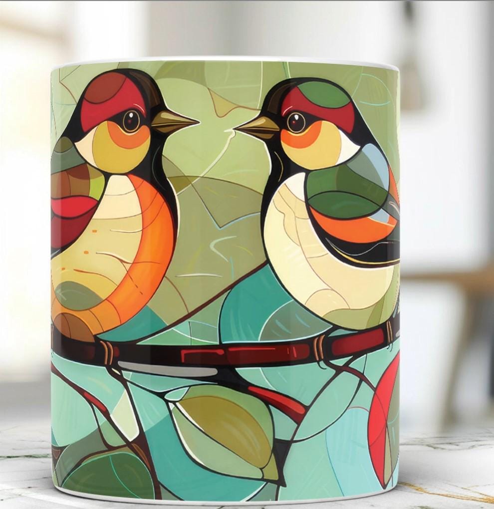 Birds Stained Glass Mug, Perfect Gift for Bird Enthusiast, Nature Lover, Ceramic 11 Oz Birds Coffee Mug, Tea Cup With Bird Image, Ornithologist Gift