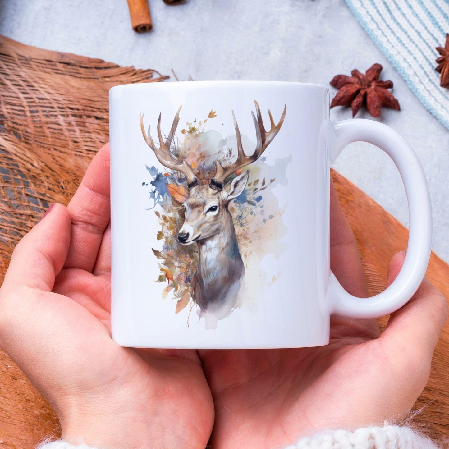 Forest Deer Mug, 11 Oz Ceramic Cup, Nature Inspired Mug, Green Forest Mug, Forest Animal, Deer Cup, Nature Lover Gift, Birthday Gift Idea