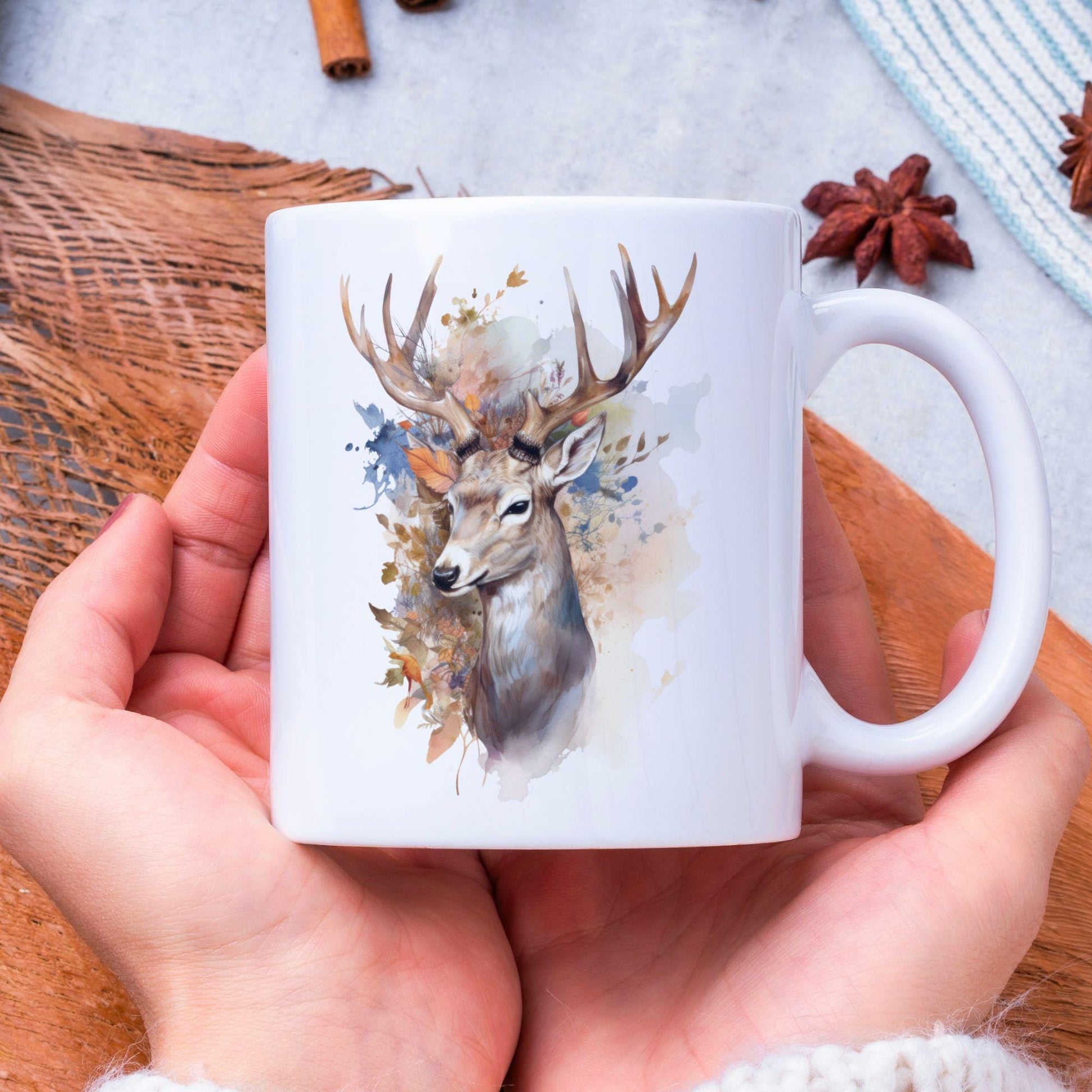 Forest Deer Mug, 11 Oz Ceramic Cup, Nature Inspired Mug, Green Forest Mug, Forest Animal, Deer Cup, Nature Lover Gift, Birthday Gift Idea