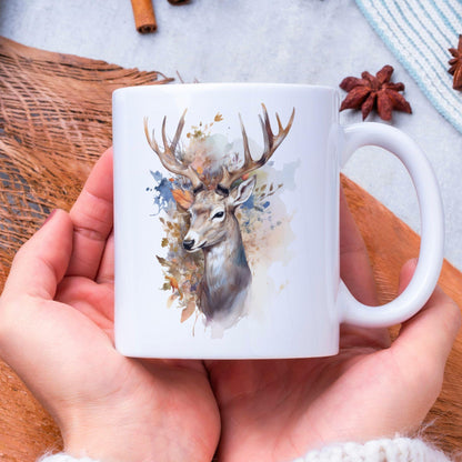 Forest Deer Mug, 11 Oz Ceramic Cup, Nature Inspired Mug, Green Forest Mug, Forest Animal, Deer Cup, Nature Lover Gift, Birthday Gift Idea