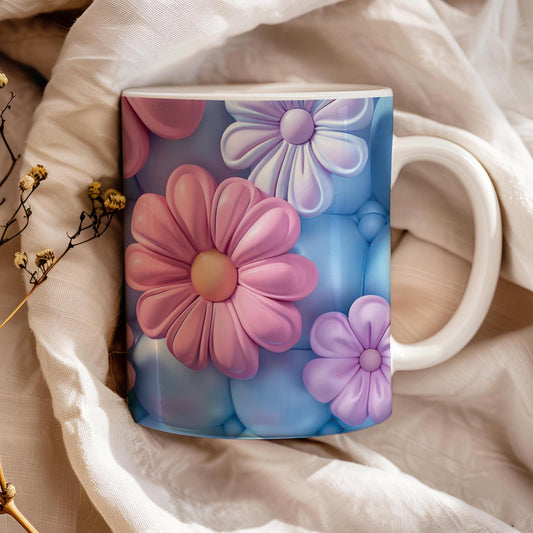 3D Inflated Effect Mug, Puffy Flowers Mugs, 11 Oz Ceramic Tea Cup, Coffee Tee Lovers Gift, Birthday Gift, Teacher's Gift, Purple Pink Mug