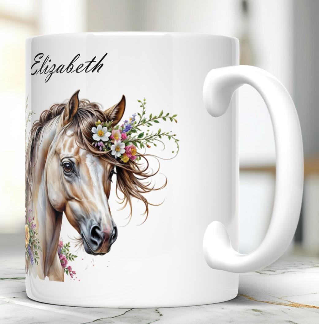 Personalized Ceramic Mug With Horse Portrait, 11 Oz Mug for Coffee Lovers, Tea Cup, Equestrian gift, Name Tea Cup, Horses Lover Gift