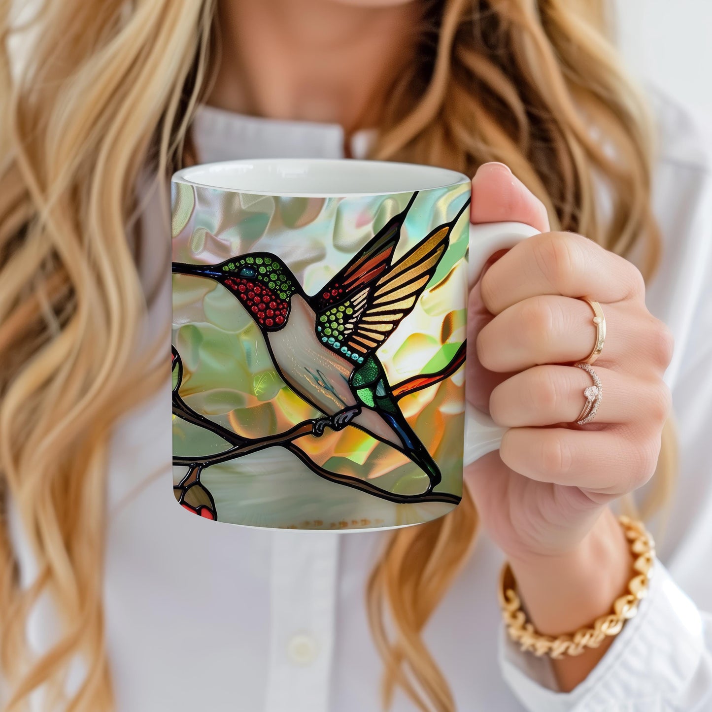 Hummingbird Mug, Stained Glass Effect Tea Cup, Birds Watcher Lover Gift, Decorative Ceramic Mug 11 Oz, Hummingbird Mug Gift, Mug Idea Gift