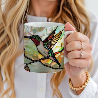 Hummingbird Mug, Stained Glass Effect Tea Cup, Birds Watcher Lover Gift, Decorative Ceramic Mug 11 Oz, Hummingbird Mug Gift, Mug Idea Gift
