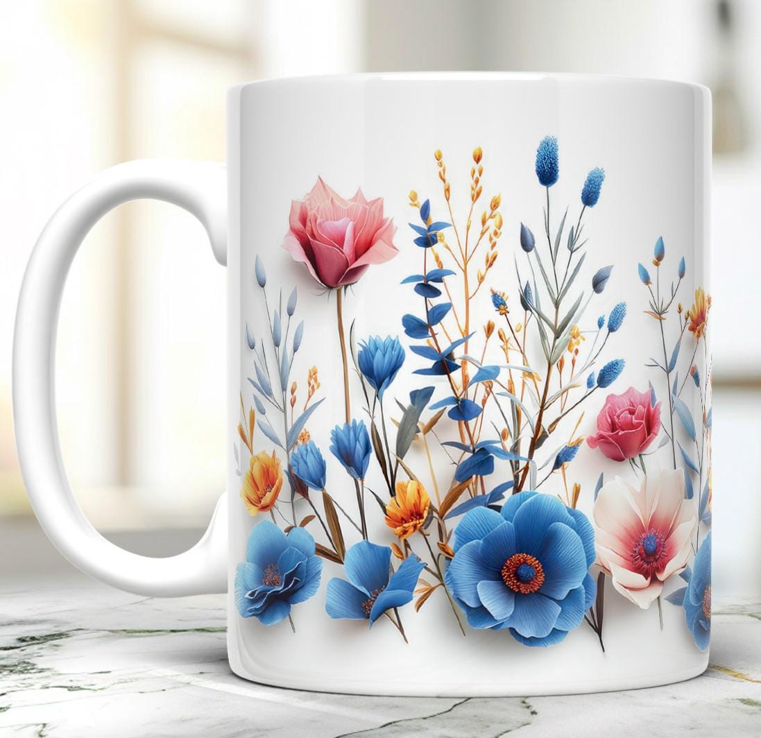 Pressed Flower Mug, Wildflowers Coffee Mug, Boho Tea Cup, Flower Garden Lover, Ceramic 11 Oz Mug With Flowers Pattern, Gift for Flower Lover