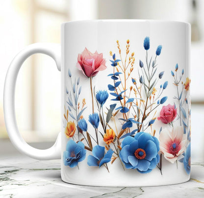 Pressed Flower Mug, Wildflowers Coffee Mug, Boho Tea Cup, Flower Garden Lover, Ceramic 11 Oz Mug With Flowers Pattern, Gift for Flower Lover