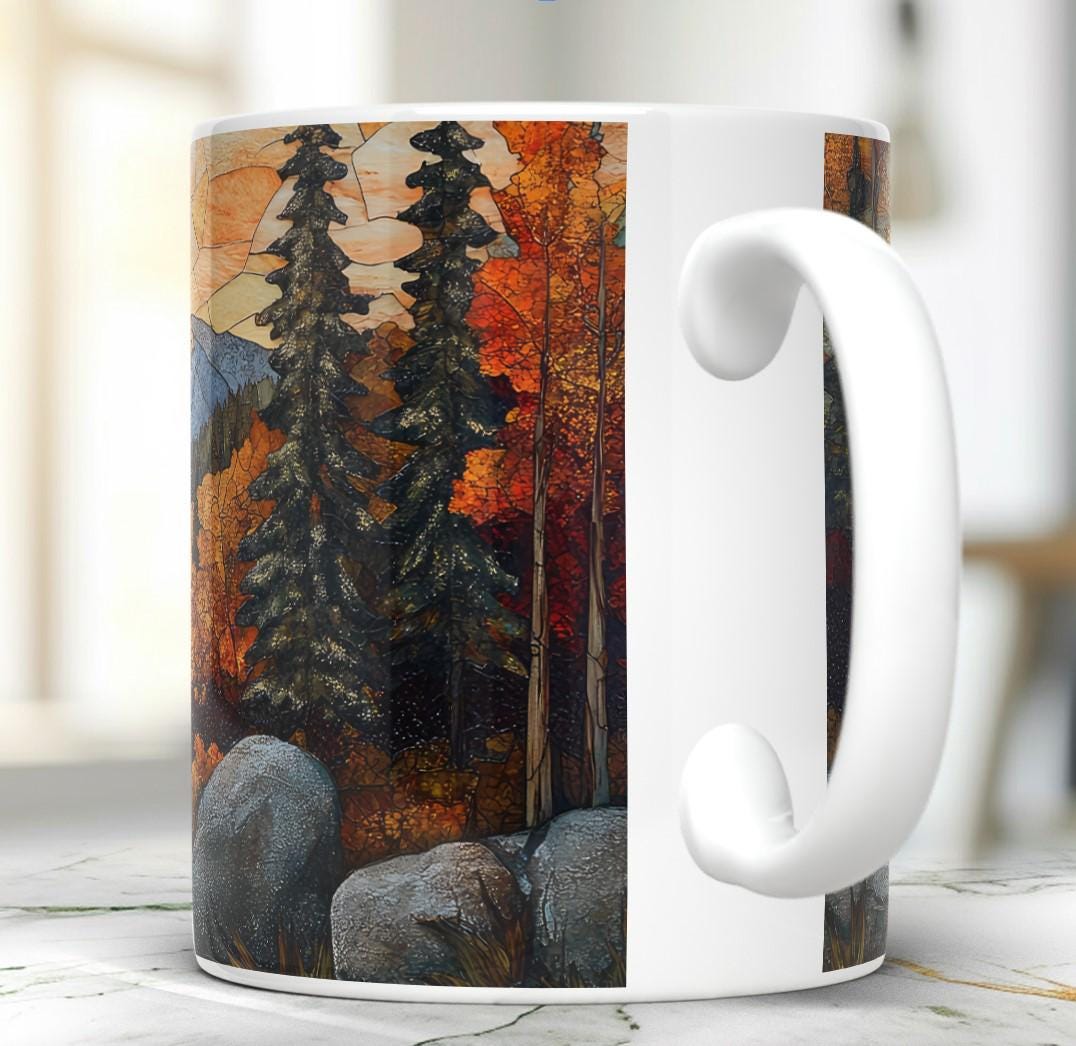 Fall Landscape Mug, Ceramic 11 Oz Tea Cup for Autumn Lovers, Gift for Nature Lovers, Best Gift Idea, Fall Forest Mug for Coffee Lovers
