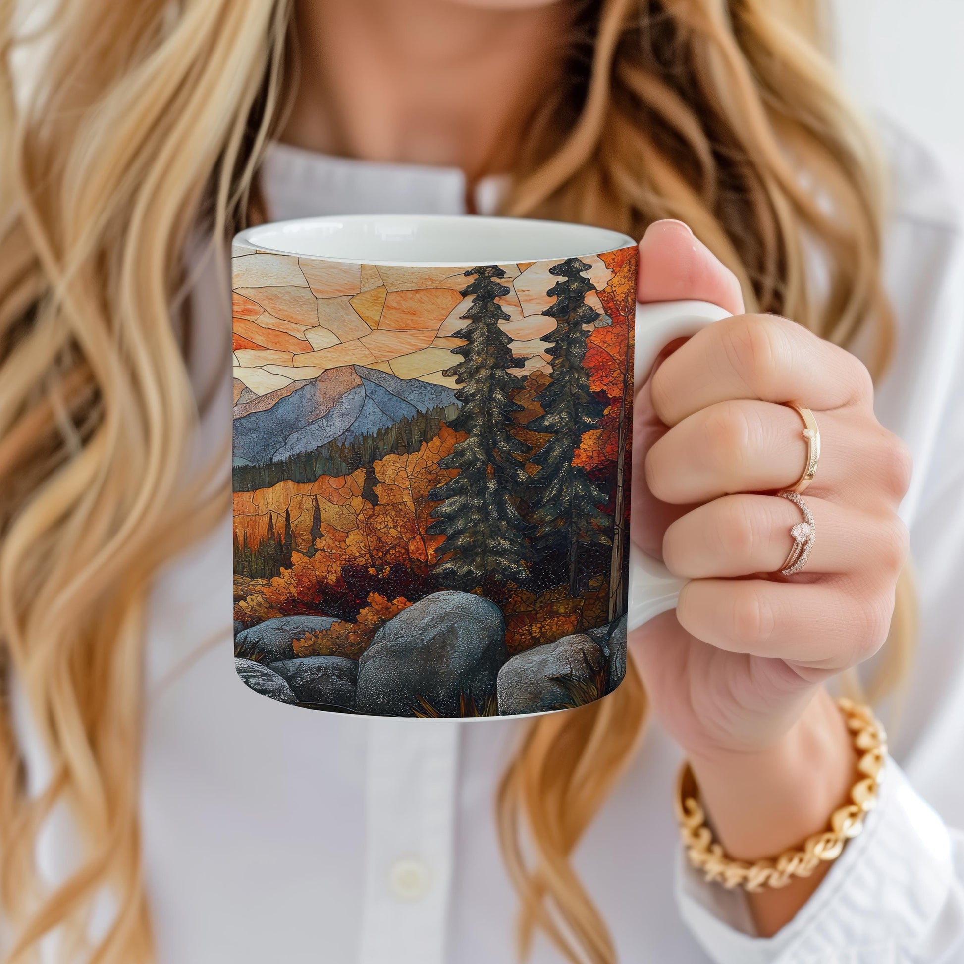 Fall Landscape Mug, Ceramic 11 Oz Tea Cup for Autumn Lovers, Gift for Nature Lovers, Best Gift Idea, Fall Forest Mug for Coffee Lovers